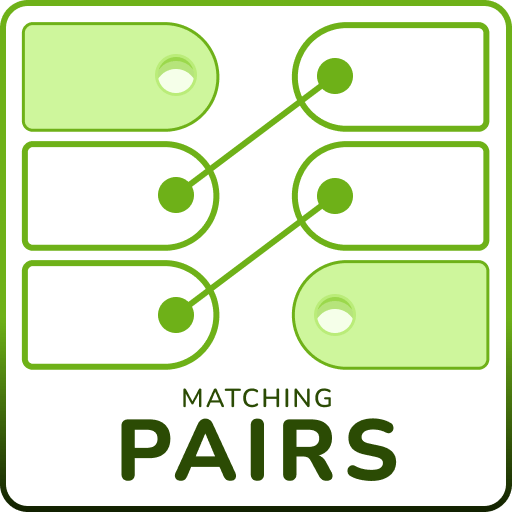 Six light green, tag shaped items are display in two columns, three on the left and three on the right. Two of the items on the left have lines connecting them to two of the items on the right. Beneath this appears the words 'matching pairs' in dark green lettering.