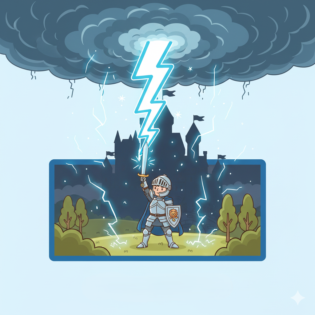 A sudden flash of light in the sky during a thunderstorm; often associated with powerful magic or elemental damage.