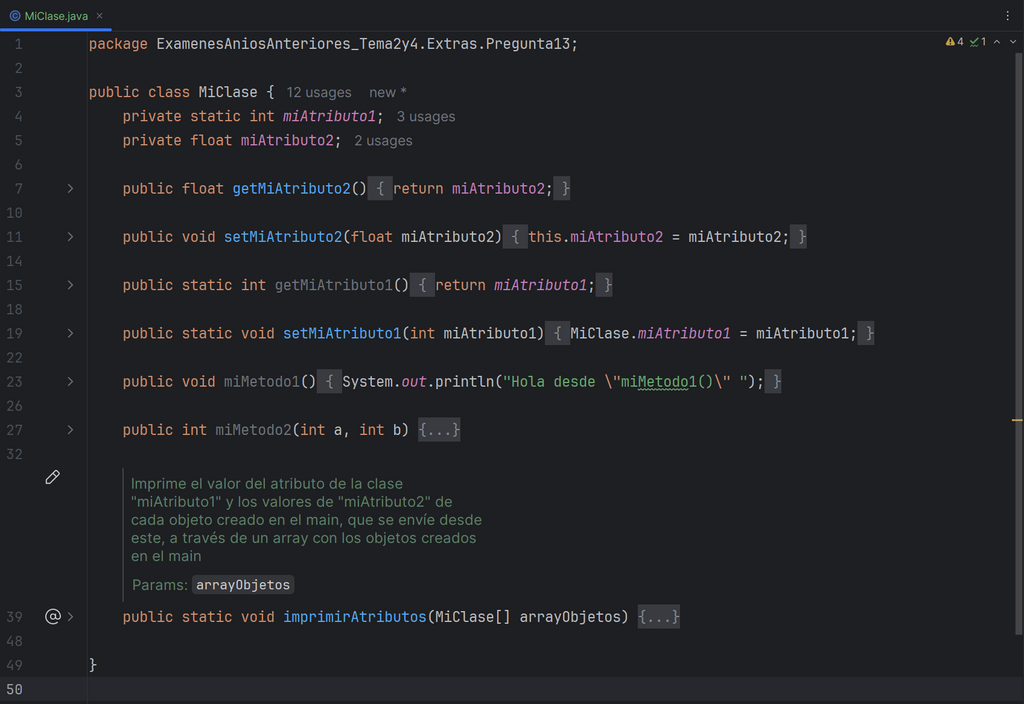 Dada la siguiente clase, ¿cuál sería la salida por pantalla correcta?
💡 Nota: El método imprimirAtributos() está correctamente implementado y solo es necesario conocer su documentación para resolver esta pregunta