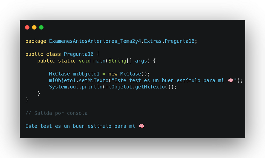 Dada la clase MiClase, ¿qué versión del método setMiTexto() obtiene la siguiente salida por consola?