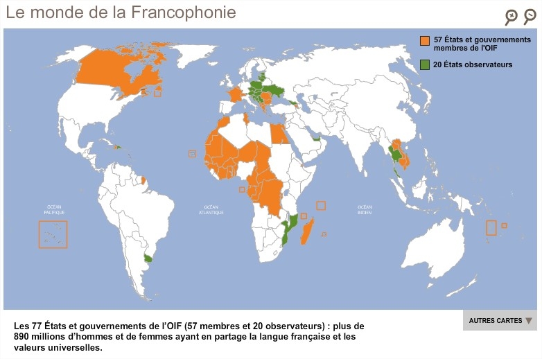 Carte de la francophonie d'Europe, avec localisation des 15 points