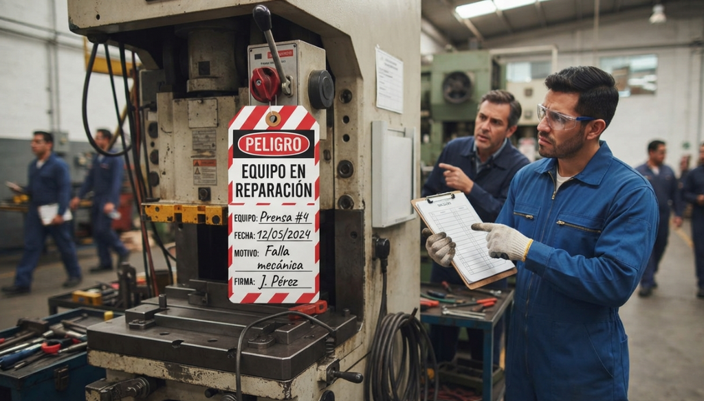 En la máquina se observa una tarjeta de "PELIGRO / EQUIPO EN REPARACIÓN". Si esta tarjeta está colgada pero no hay un registro formal (bitácora), ¿por qué falla el sistema de seguridad?