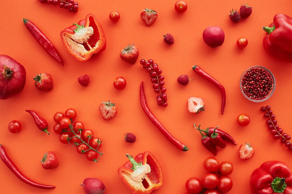 Jitomate, sandía, fresa, manzana roja, pimiento rojo