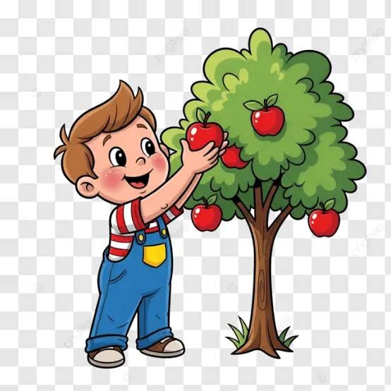 The boy is ________ an apple.