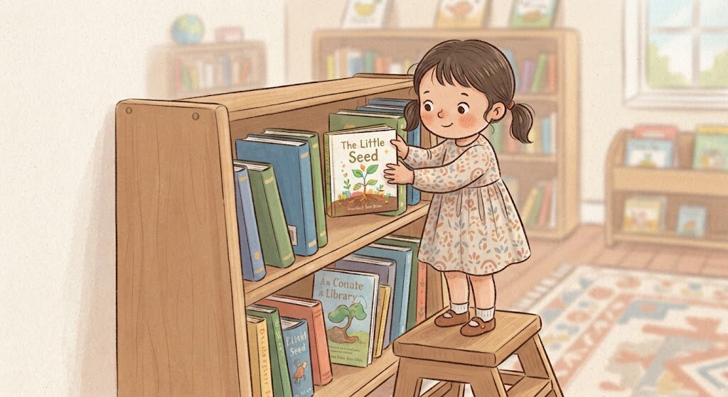 Sarah puts the classroom books back on the shelf.
