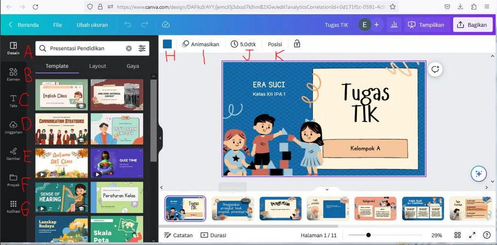 Untuk membuat tampilan slide seperti disamping, tools yang dibutuhkan yaitu yang bertanda huruf apa saja ?...