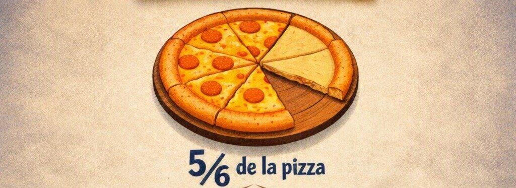 Un estudiante reparte 5/6 de una pizza entre 2 amigos. ¿Qué fracción recibe cada uno?

