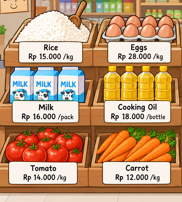 I want to buy 1kg of rice, a bottle of oil, and 2kg of carrots. How much is it?